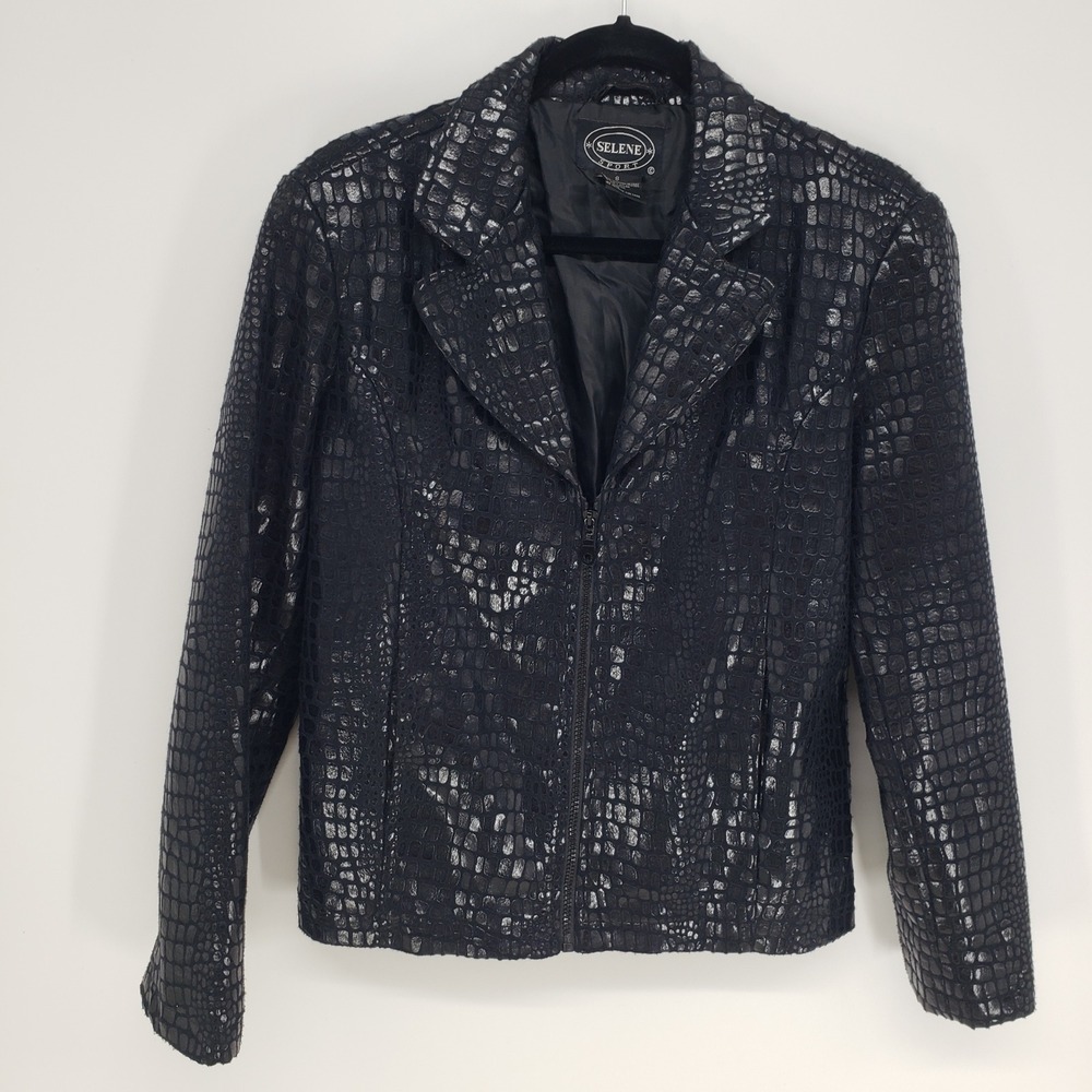 Y2K Selene Sport Faux Crocodile Jacket Womens 8 Black Metallic Zip Moto Blazer